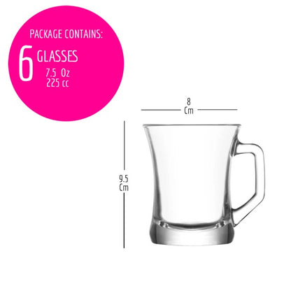 Lav Zen Plus 6-Piece Glass Coffee, Tea Mugs Set with Handle, 7.25 oz