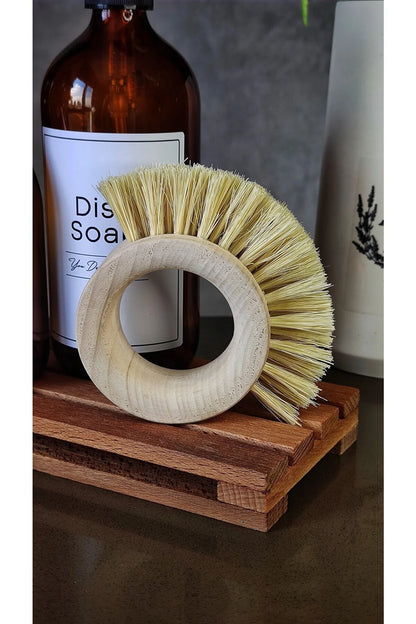 Distributeur de savon liquide vaisselle en verre ambré avec support en bois, brosse 4 pièces