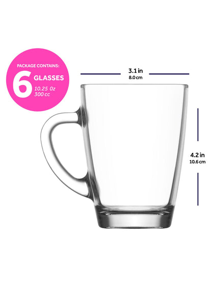 LAV Vega 6-Piece Glass Coffee Mugs Set with Handle, 10.25 oz