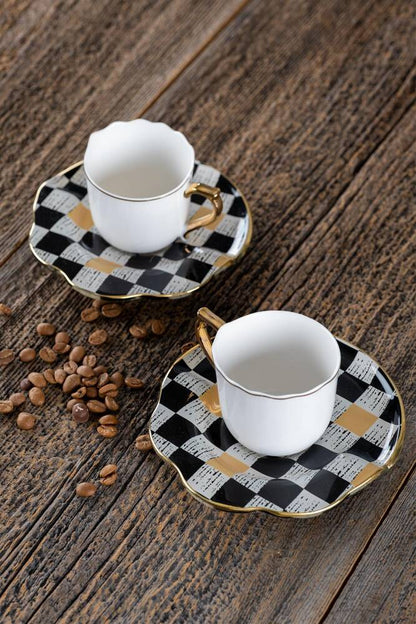 Enzo Chess 4-piece porcelain Turkish coffee set for 2 Person With Glass Plate